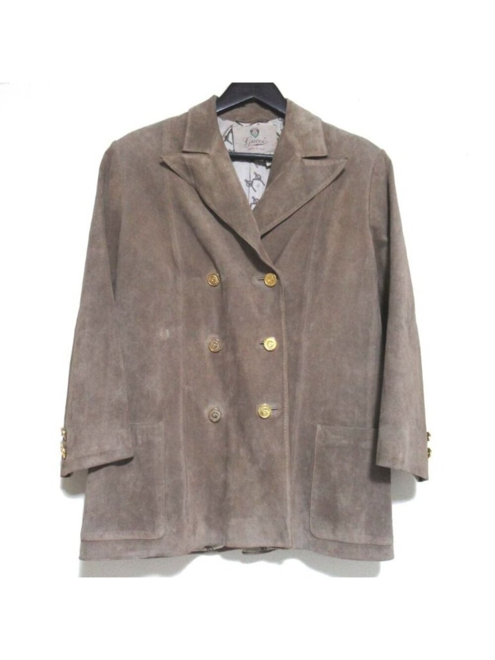 Gucci Vintage Logo Button Double Breasted Suede Leather Jacket 48 Beige